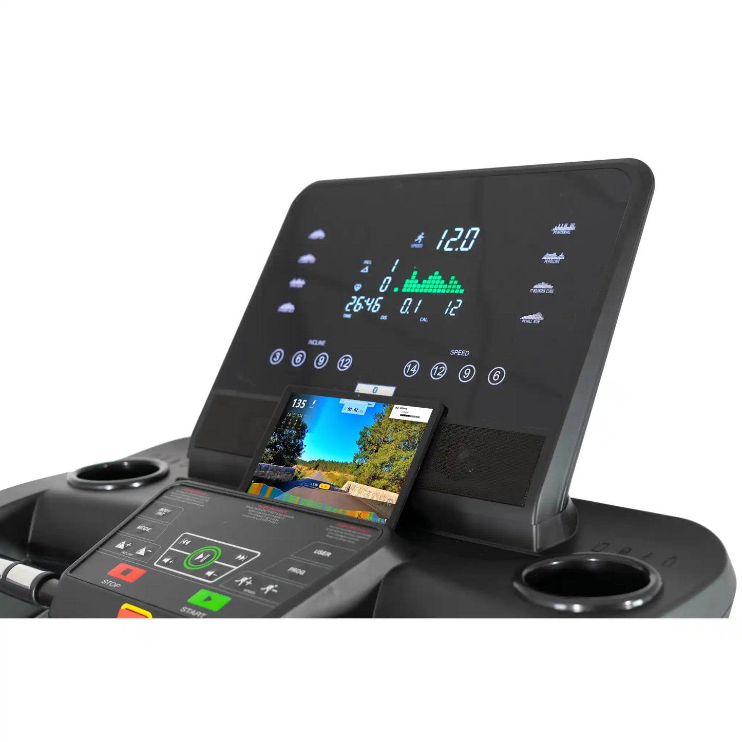 Control panel of a treadmill with digital display and smartphone holder on a white background
