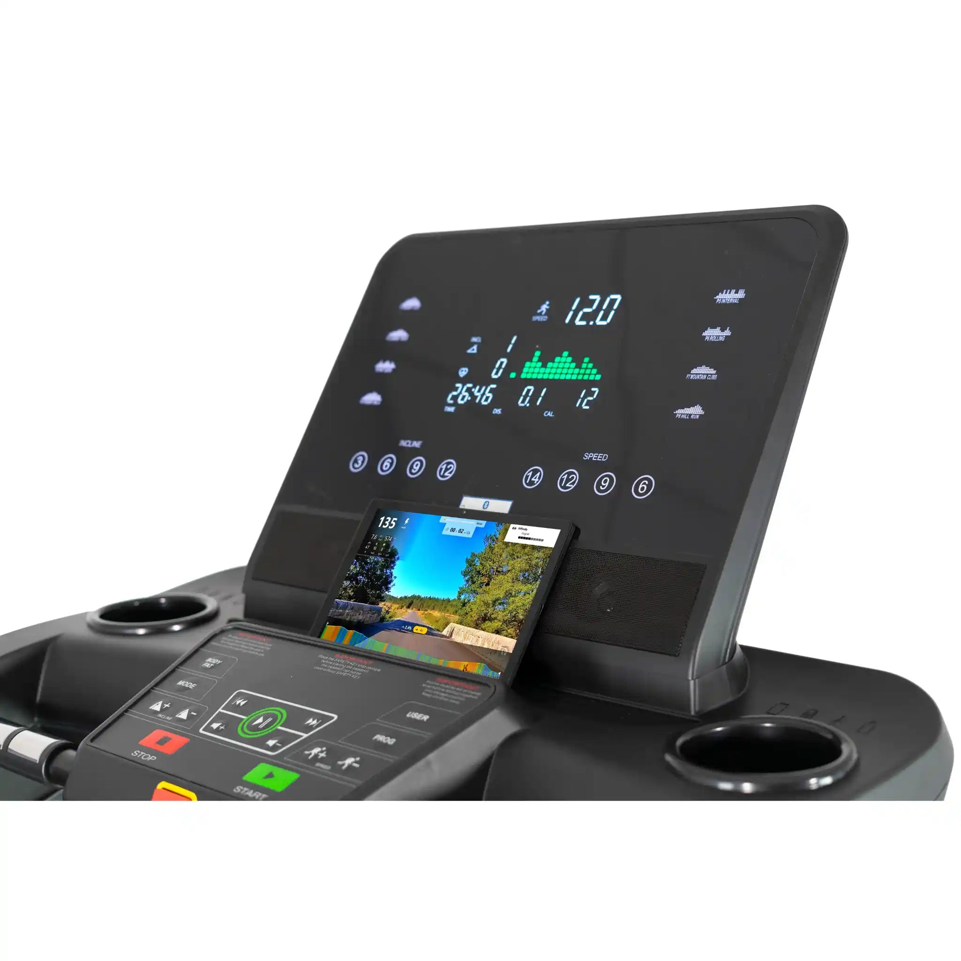 Control panel of a treadmill with digital display and smartphone holder on a white background