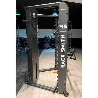 Gym machine with 'Rack Smith' branding in a gym setting