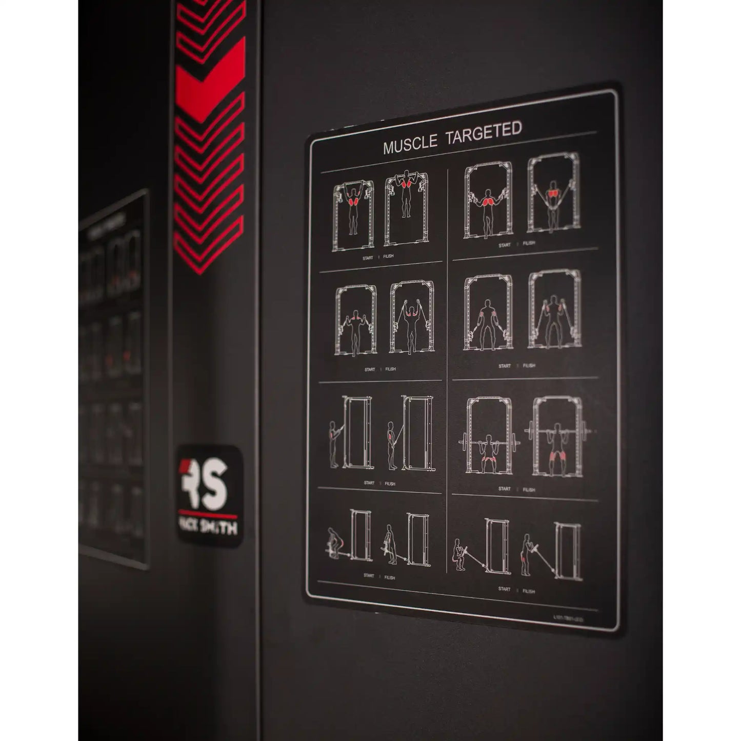 Fitness equipment with a chart showing muscle targeted exercises on a black background.
