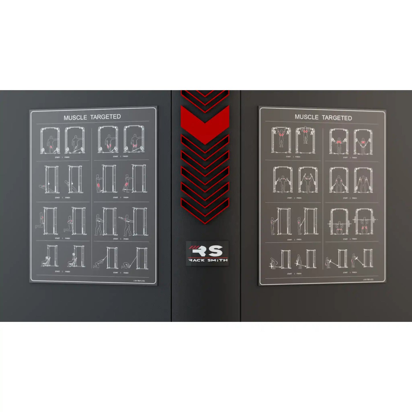 Two panels with muscle targeted diagrams and a red and black chevron design on a black background, featuring the Race Smith logo.