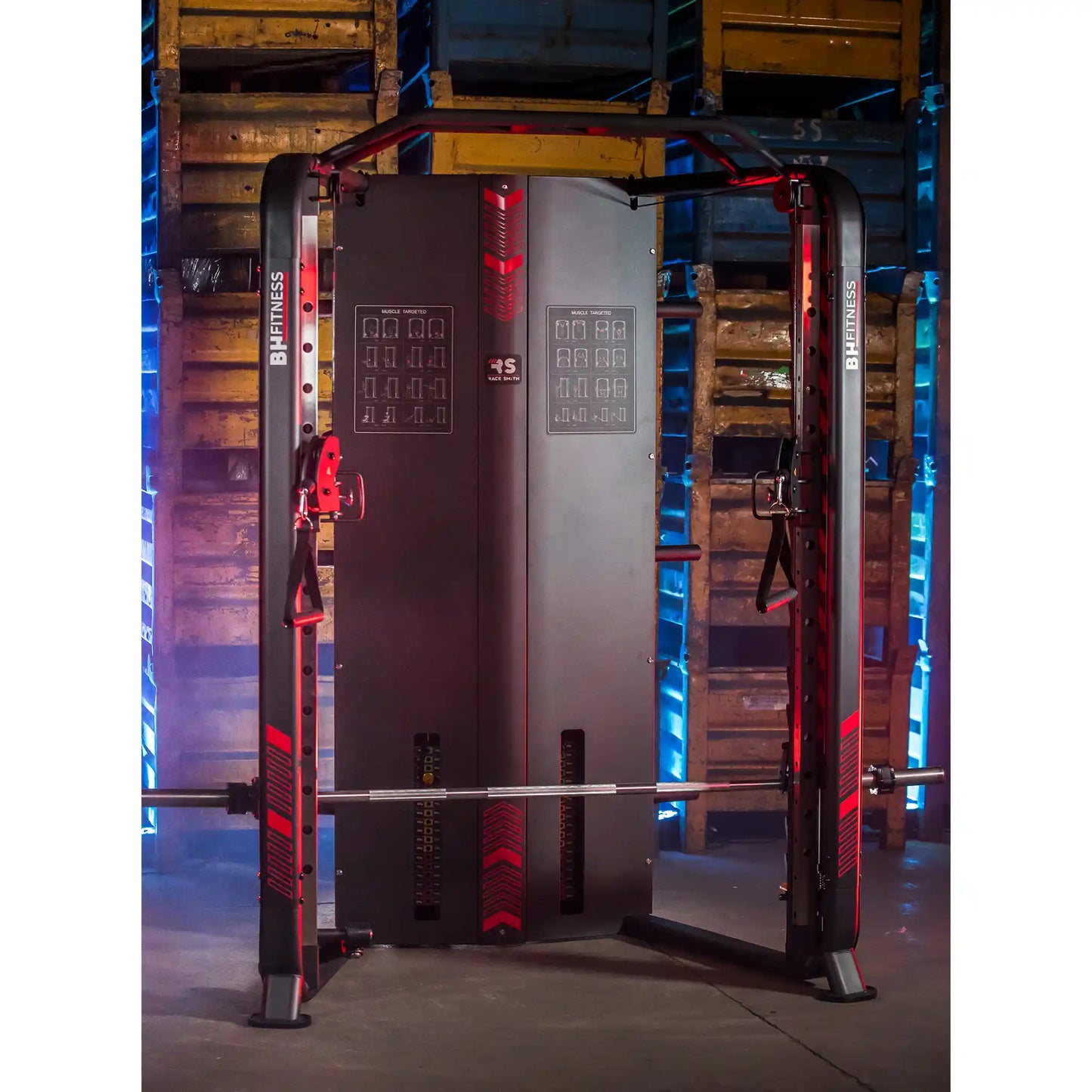 Multi gym in a gym setting and blue lighting.