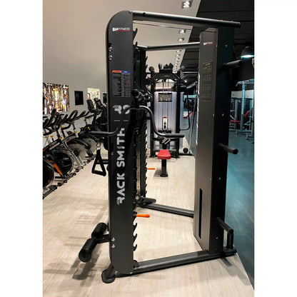 Gym machine with 'Rack Smith' branding in a gym setting