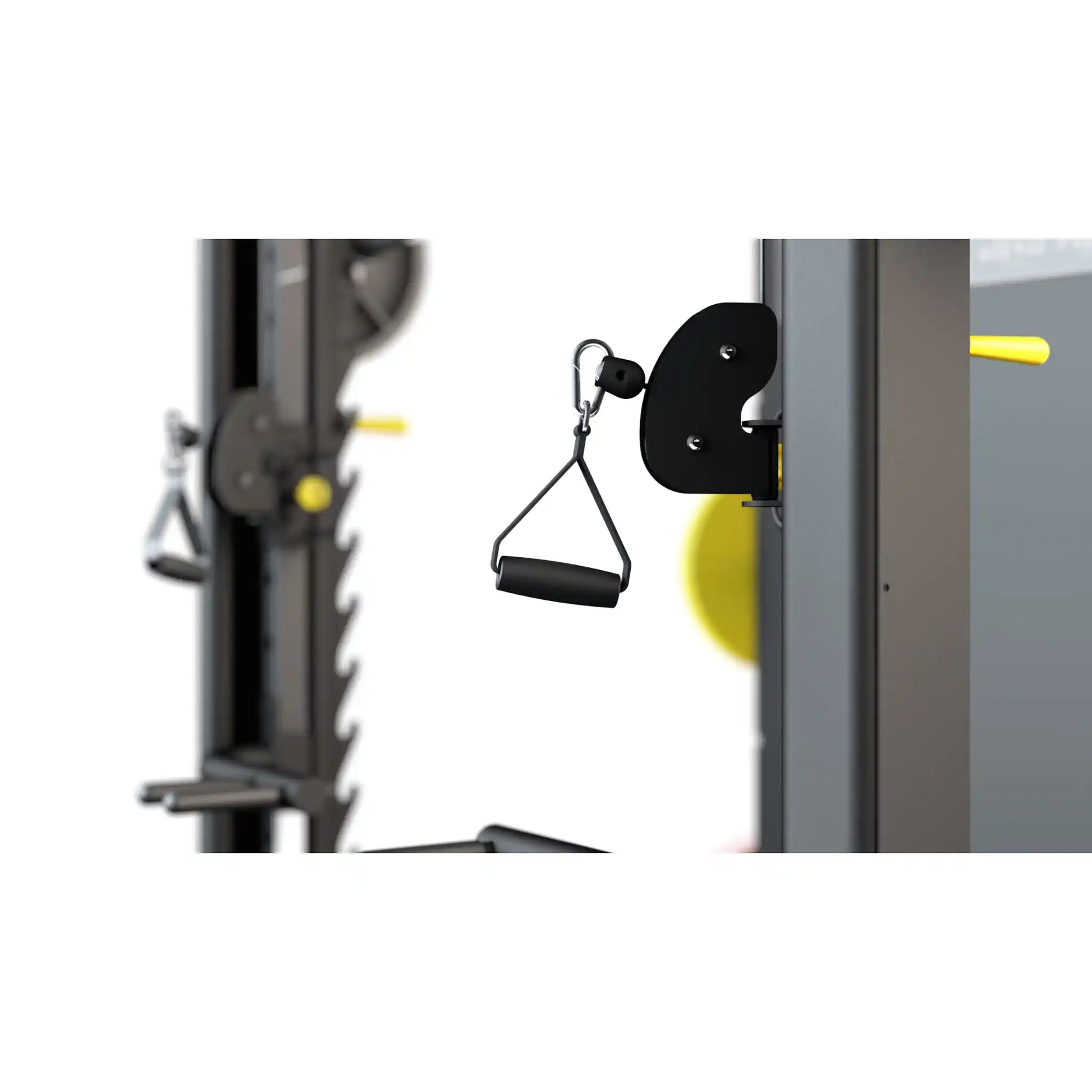 Gym equipment with pulley system and weight attachment on a white background
