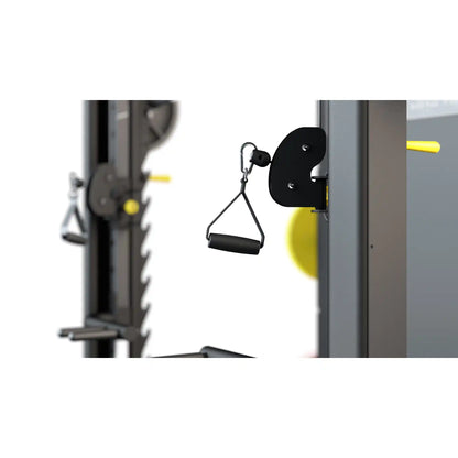 Gym equipment with pulley system and weight attachment on a white background