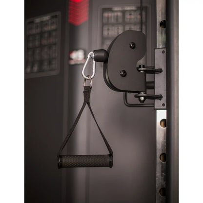Black handle attached on a pulley machiner in a gym setting