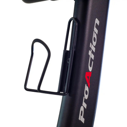 Bottle holder on frame of black exercise bike
