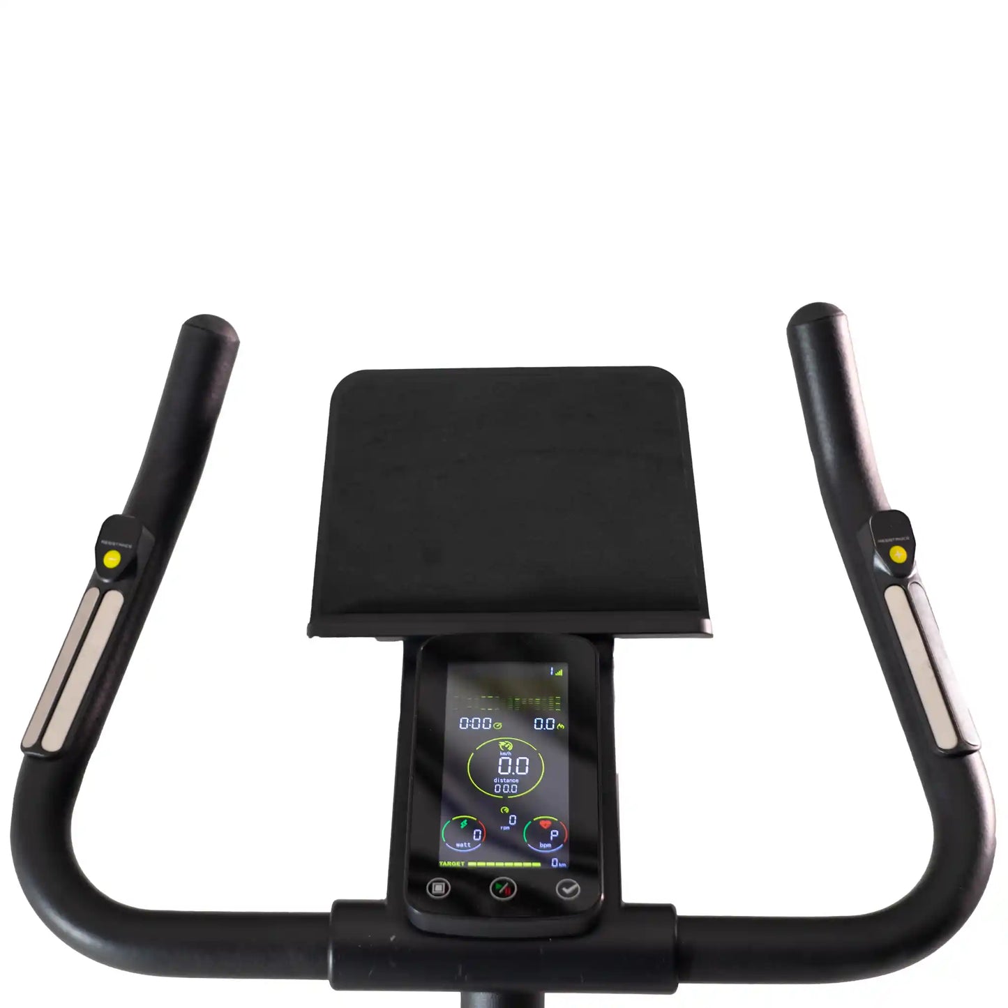 Black exercise bike handle bars, data screen and tablet holder