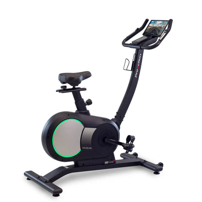 Exercise bike with a tablet mount on a white background