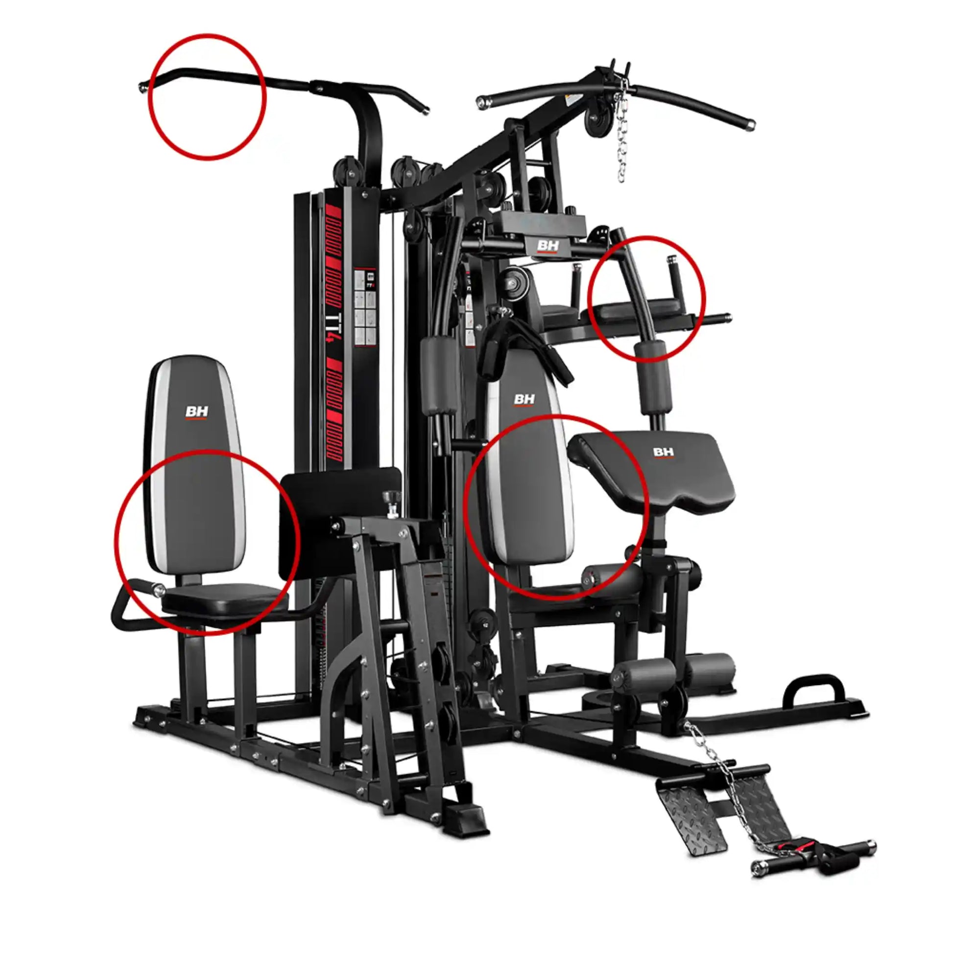Gym machine with multiple attachments on a white background