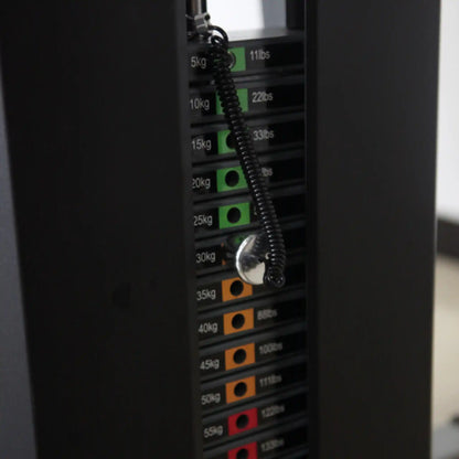Weight stack with weight plates on a fitness machine
