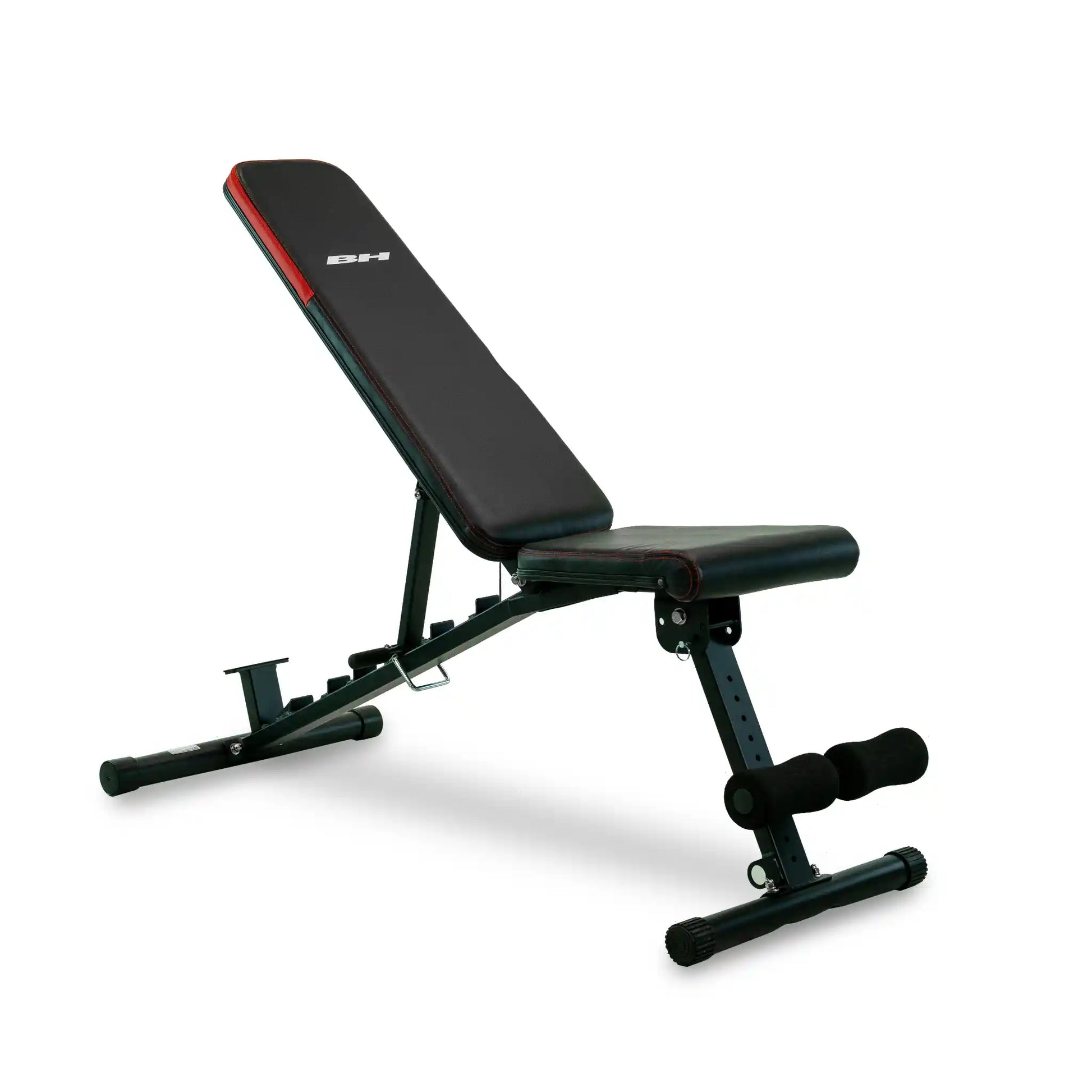 Black adjustable weight bench with red accent on a white background