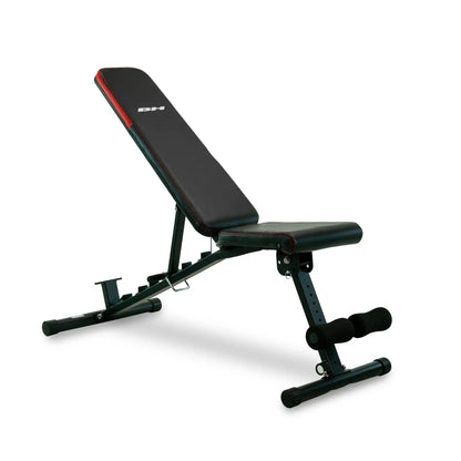 Black adjustable weight bench with red accent on a white background
