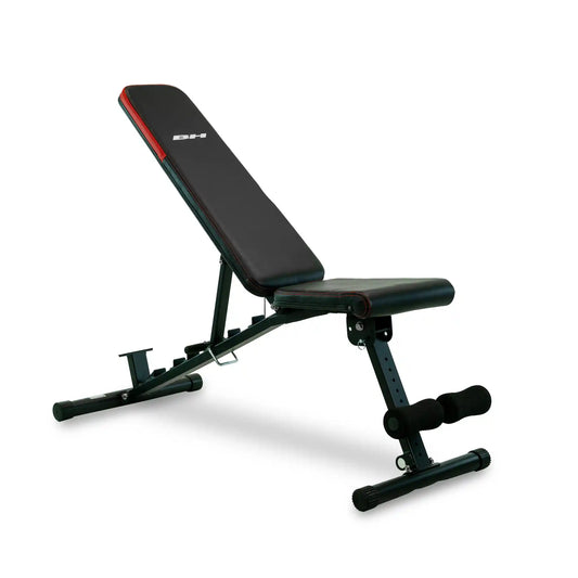 Black adjustable weight bench with red accent on a white background