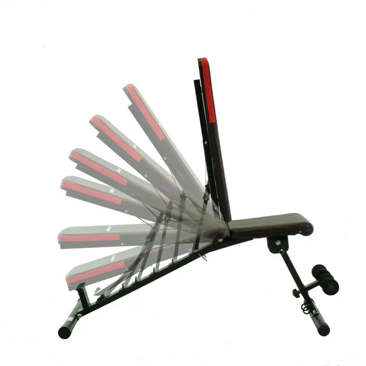 Image showing the different angles black and red weight bench can be positioned. 