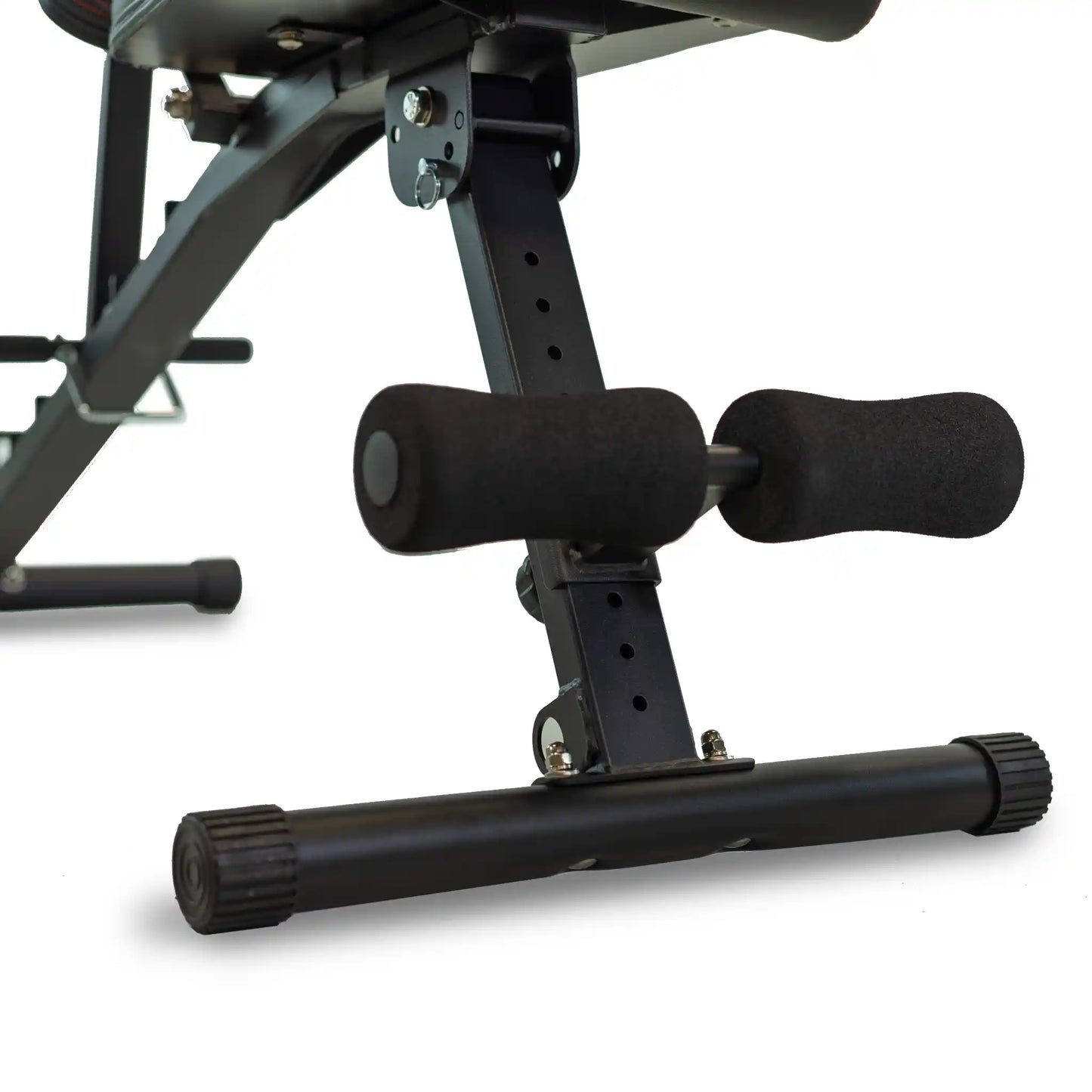 Close-up of a weight bench with adjustable footrests on a white background