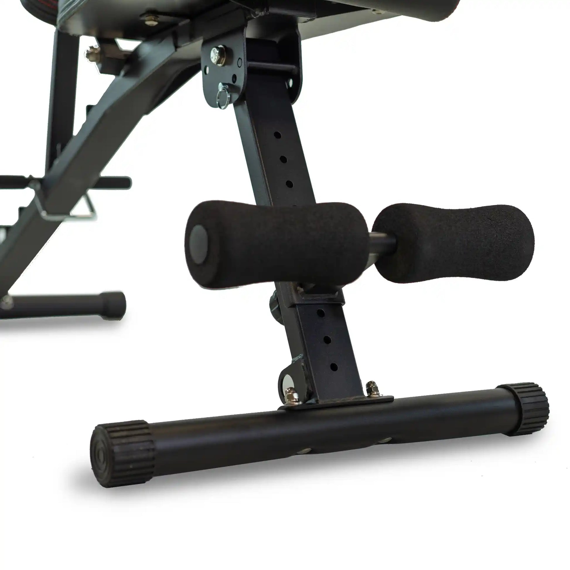 Close-up of a weight bench with adjustable footrests on a white background