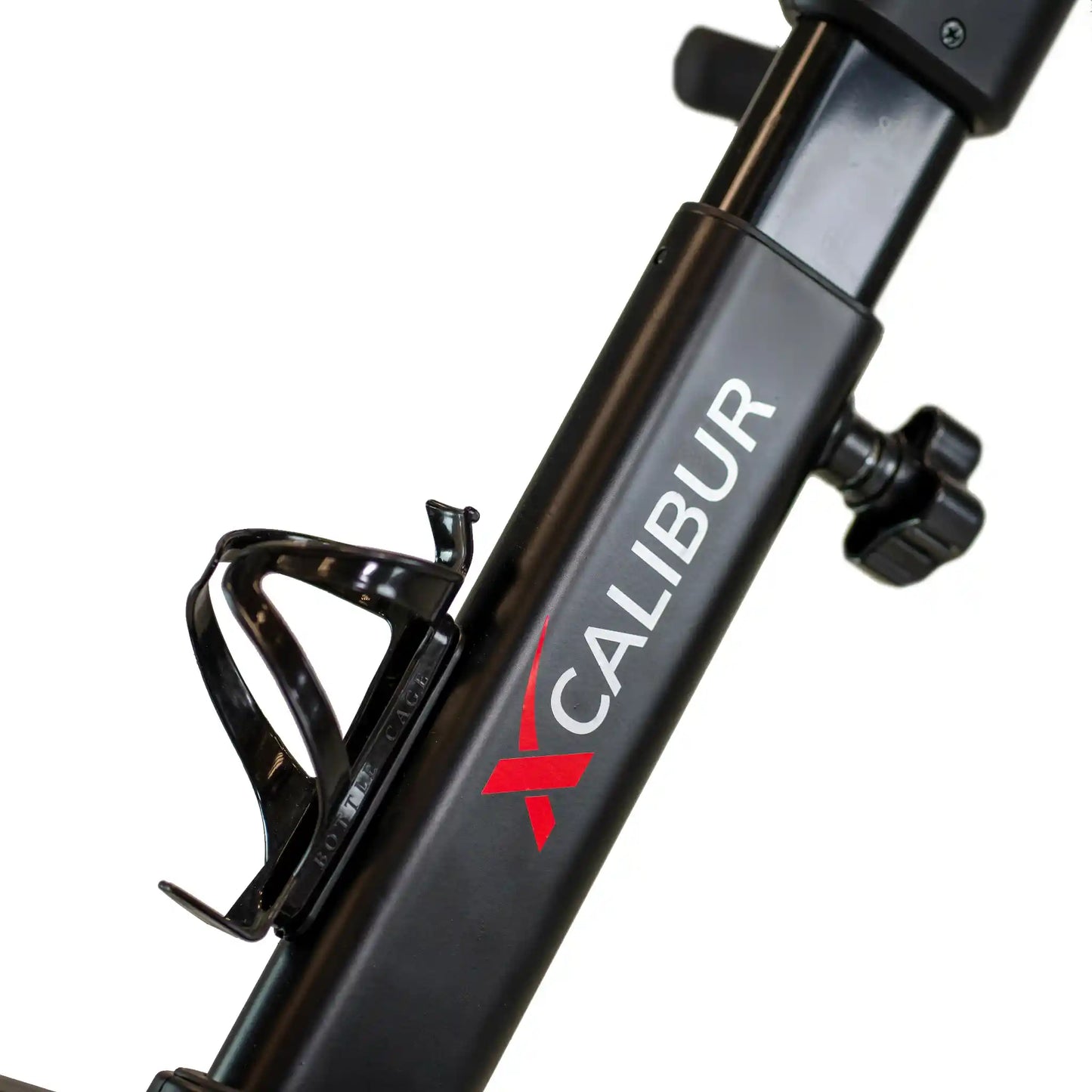 Close-up of a bicycle frame with 'Calibur' branding on a white background