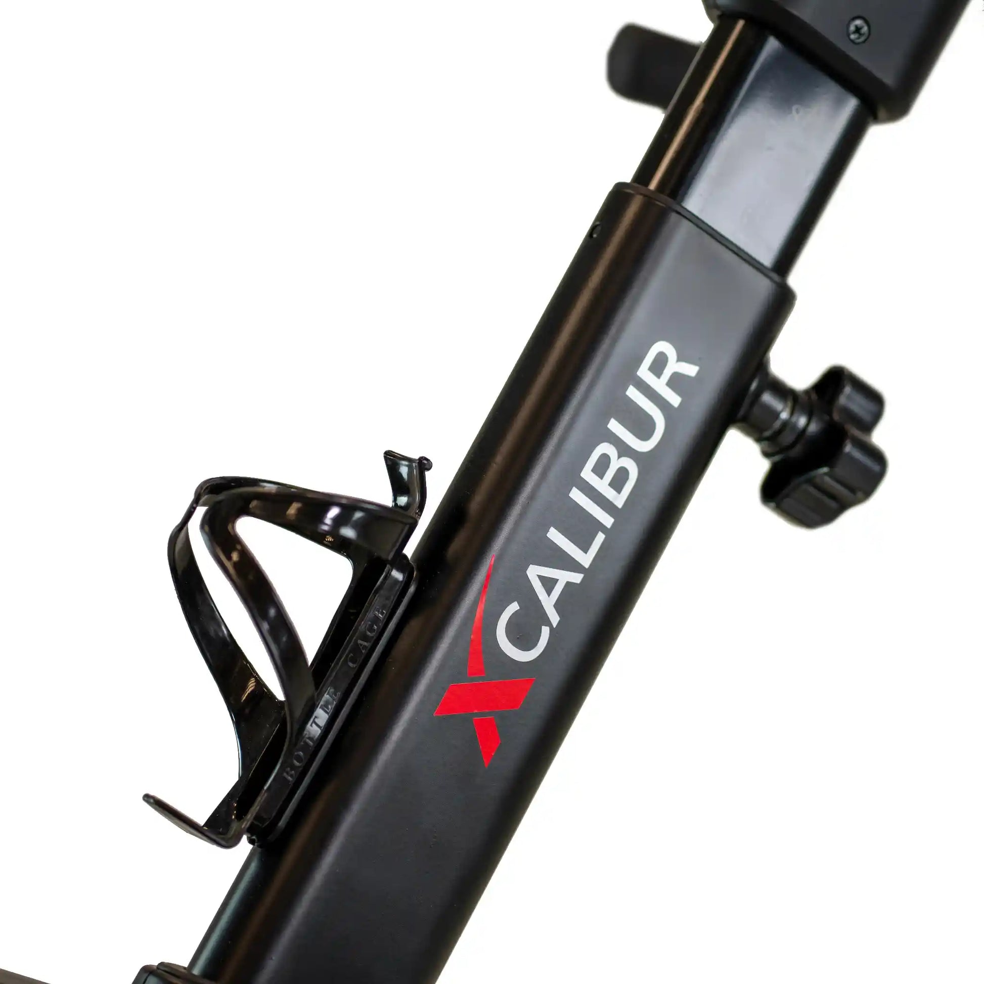 Close-up of a bicycle frame with 'Calibur' branding on a white background