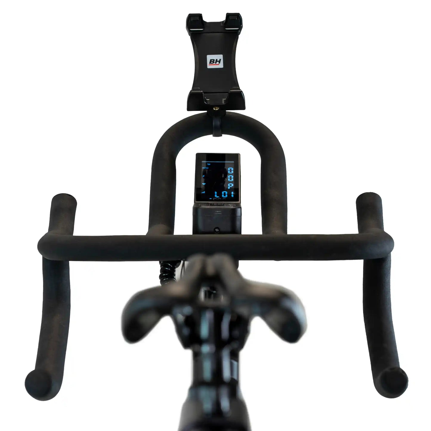 Black exercise bike with digital display on a white background