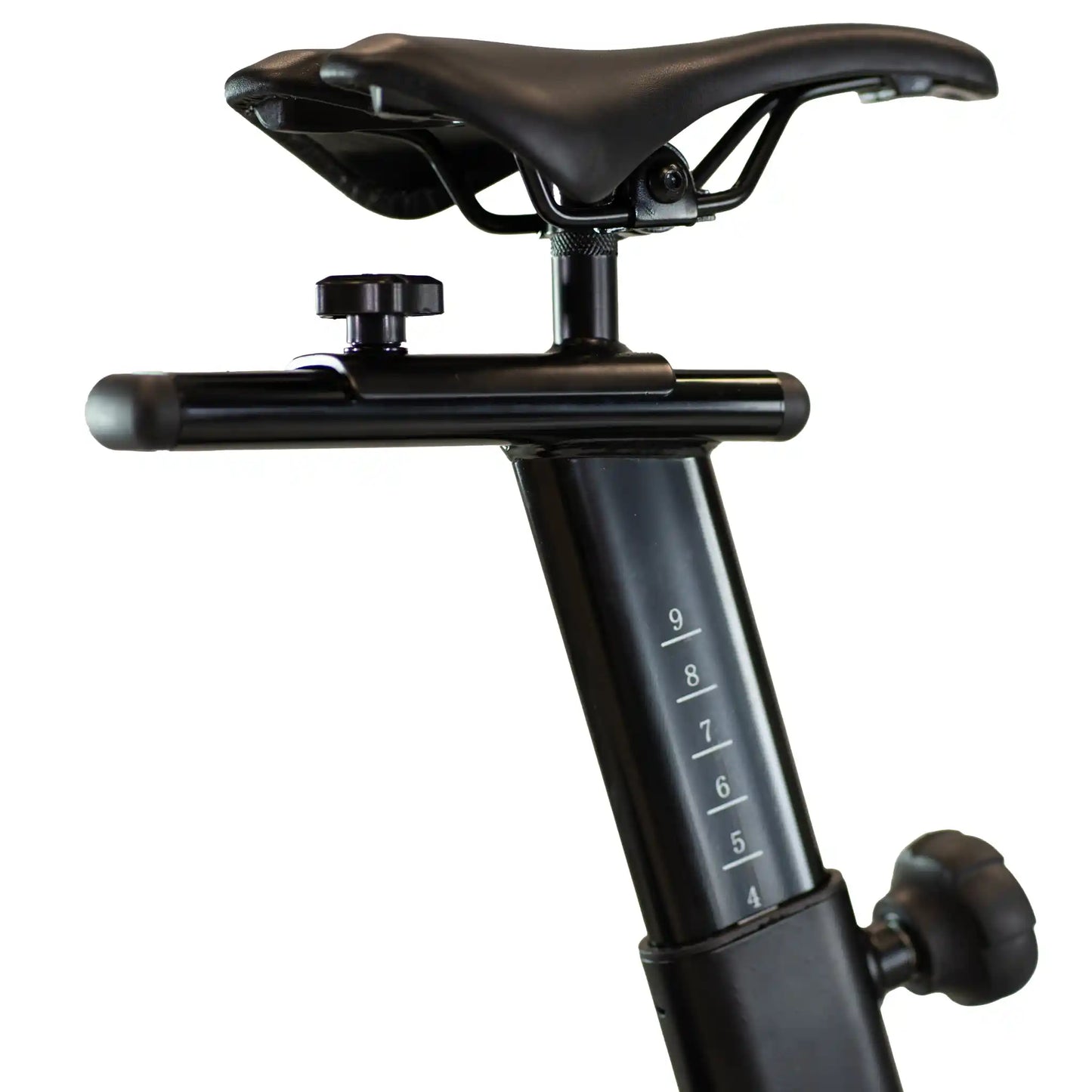 Black bicycle seat post with adjustable mechanism on a white background