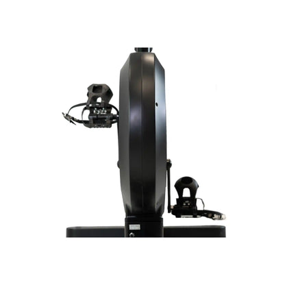 Black exercise bike on a white background