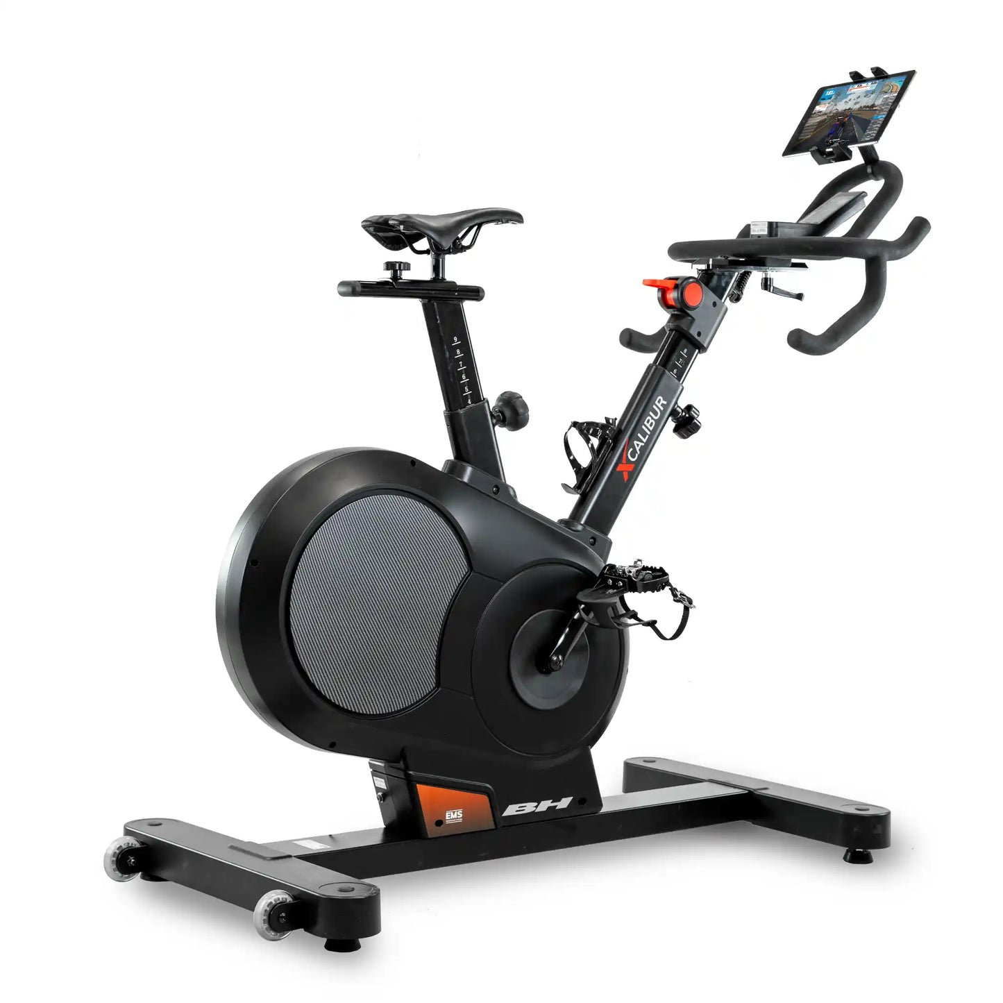 Black exercise bike with tablet holder on a white background