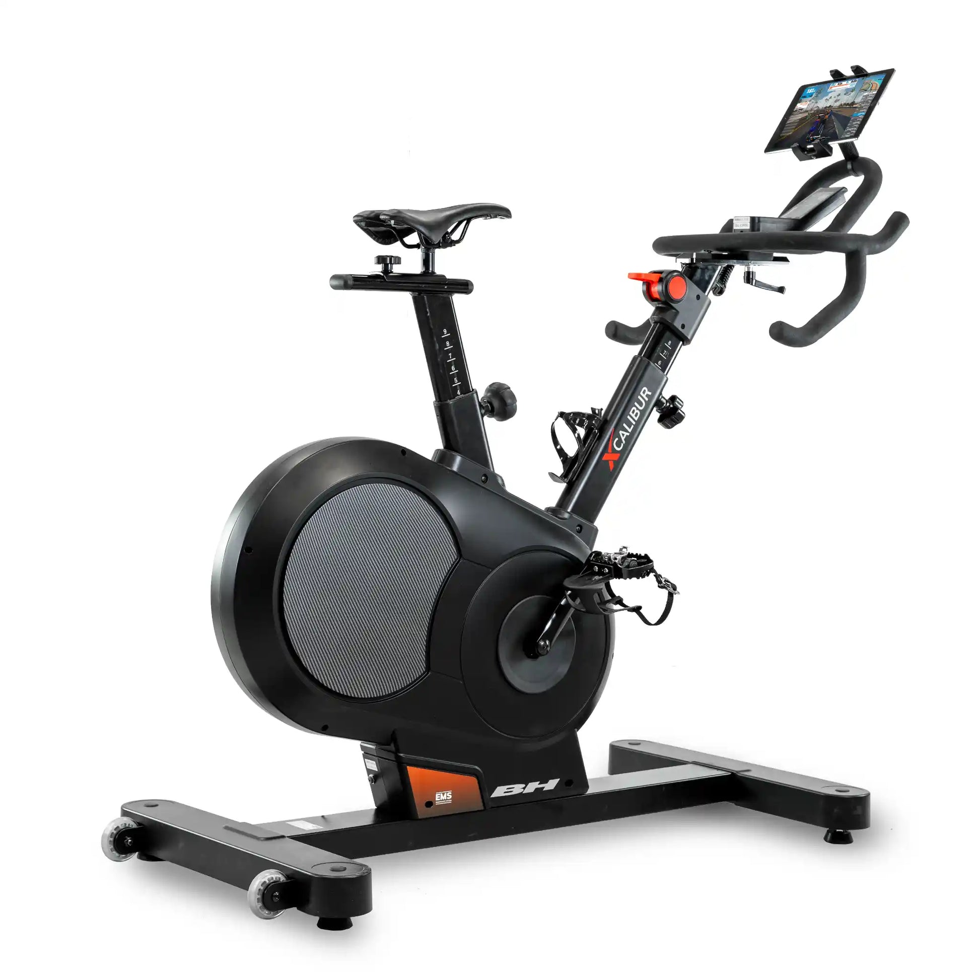 Black exercise bike with tablet holder on a white background
