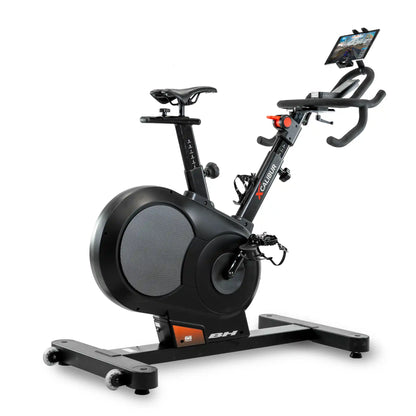 Black exercise bike with tablet holder on a white background