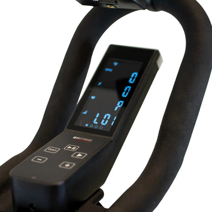 Close-up of a black exercise bike handlebar with digital display on a white background