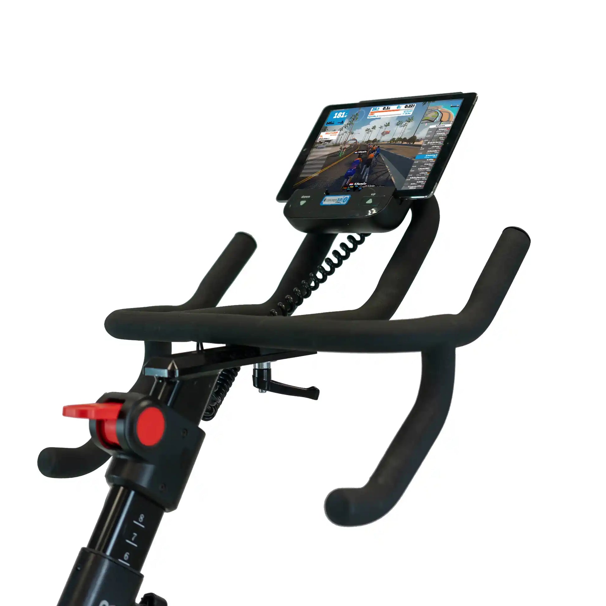 Exercise bike handlebar with a tablet mount displaying a cycling app on a white background