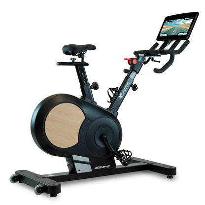 Exercise bike with a digital display on a white background