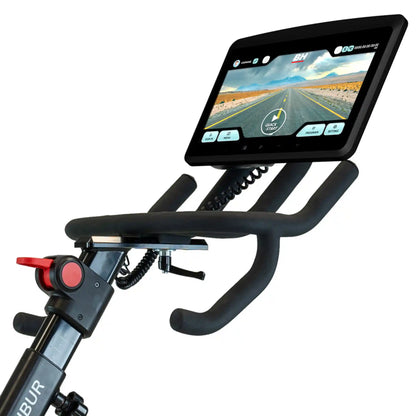 Handlebar with touchscreen display on a white background