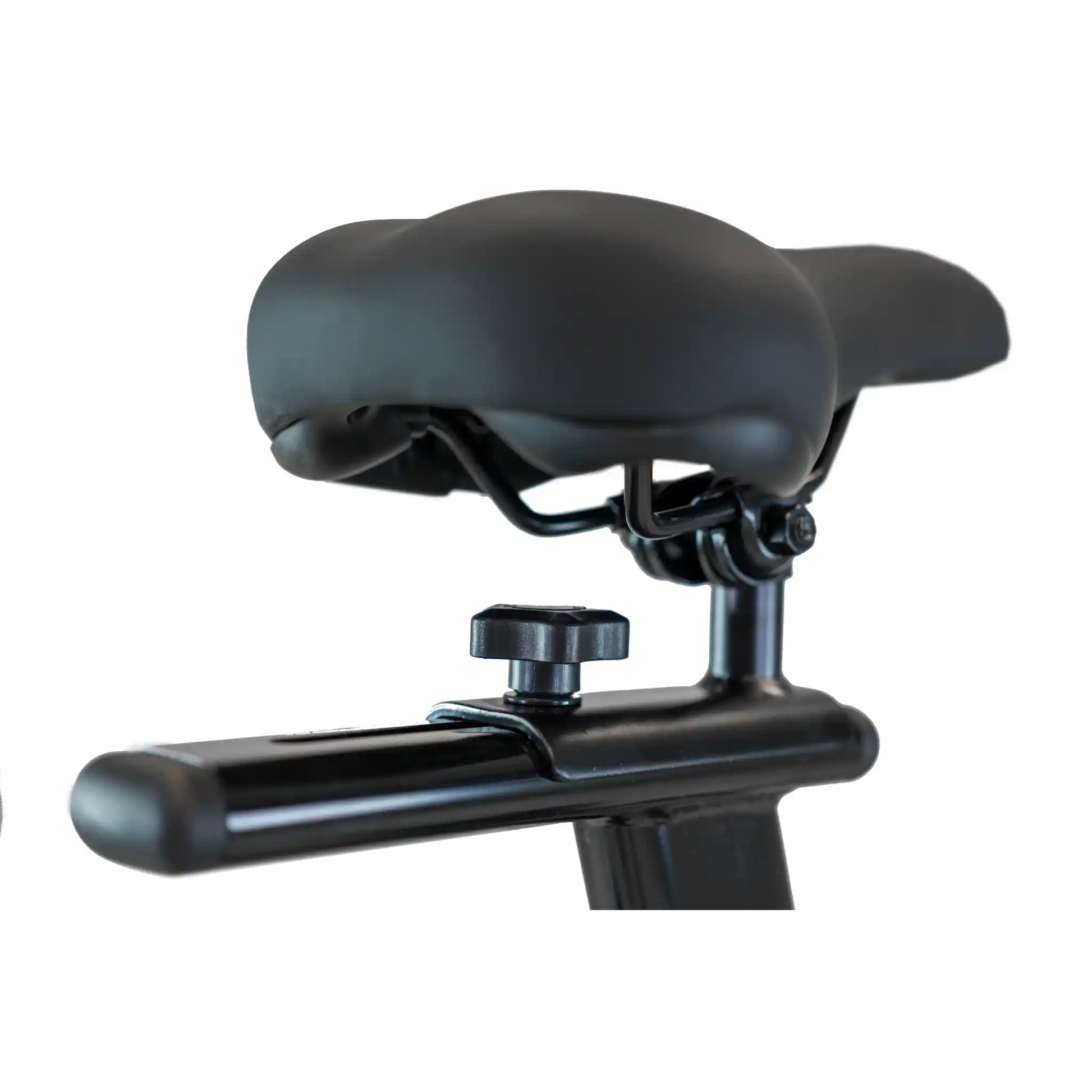 Black bicycle seat with adjustable mechanism on a white background