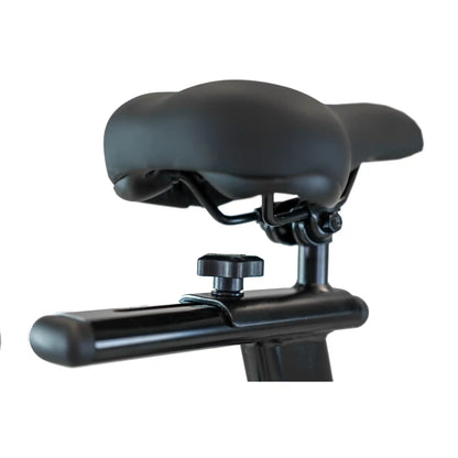 Black bicycle seat with adjustable mechanism on a white background
