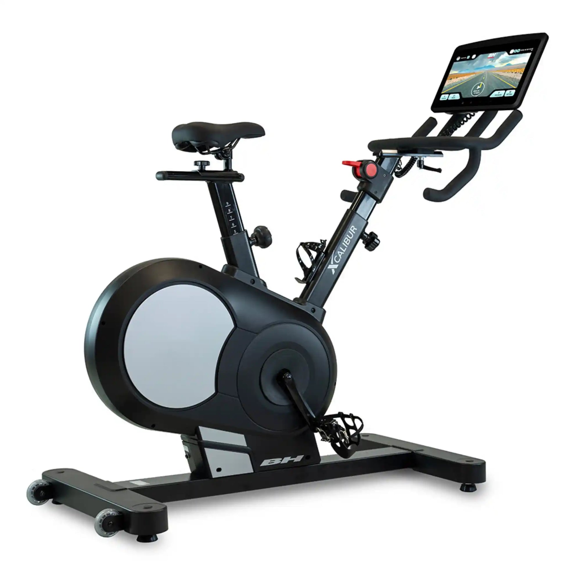 Exercise bike with a multimedia display on a white background