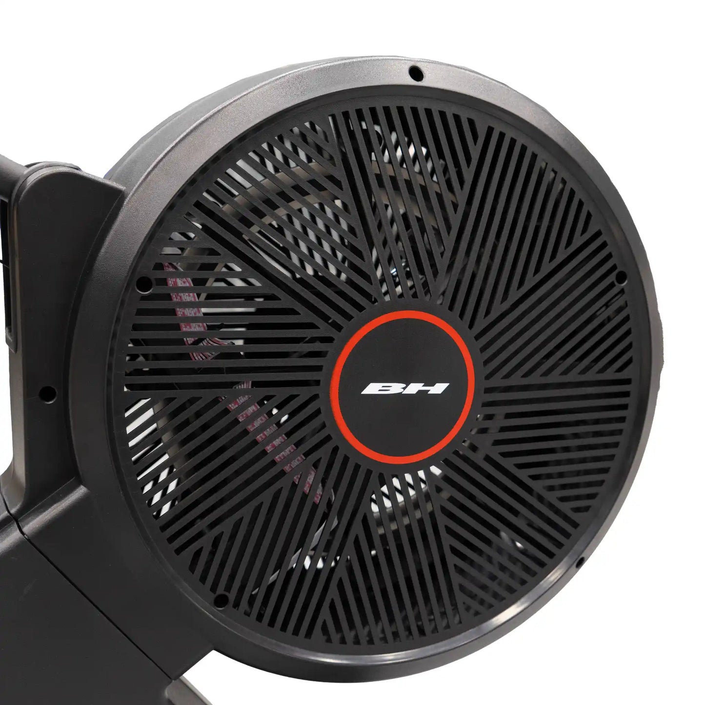 Close-up of a black fan on rowing machine with 'BH' logo on a white background