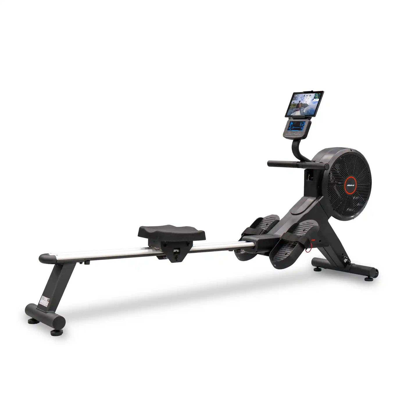 Rowing machine with digital display on a white background