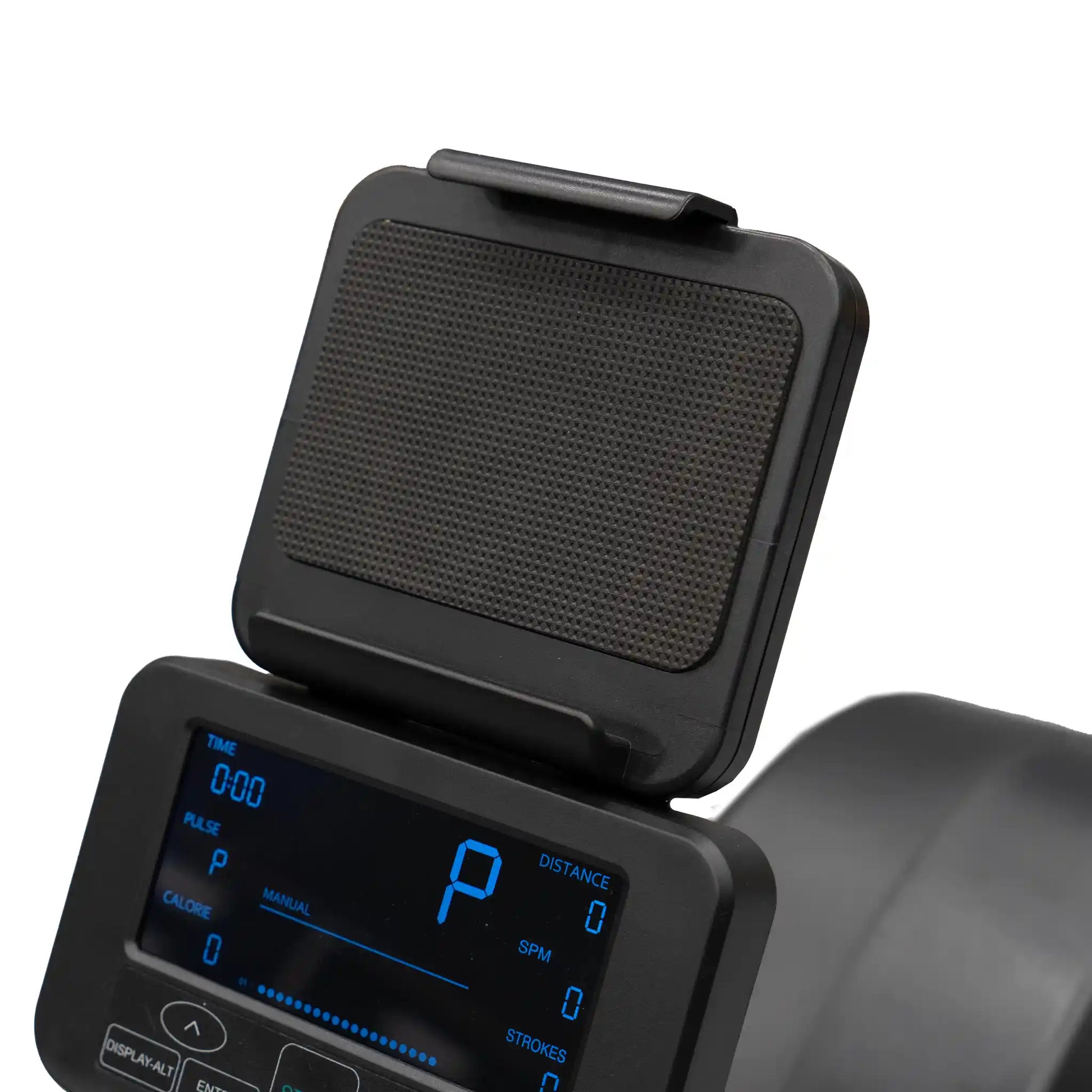 Close-up of a rowing machine tablet holder with underneath digital display on a white background