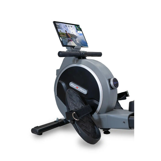 Rowing machine with a screen on a white background