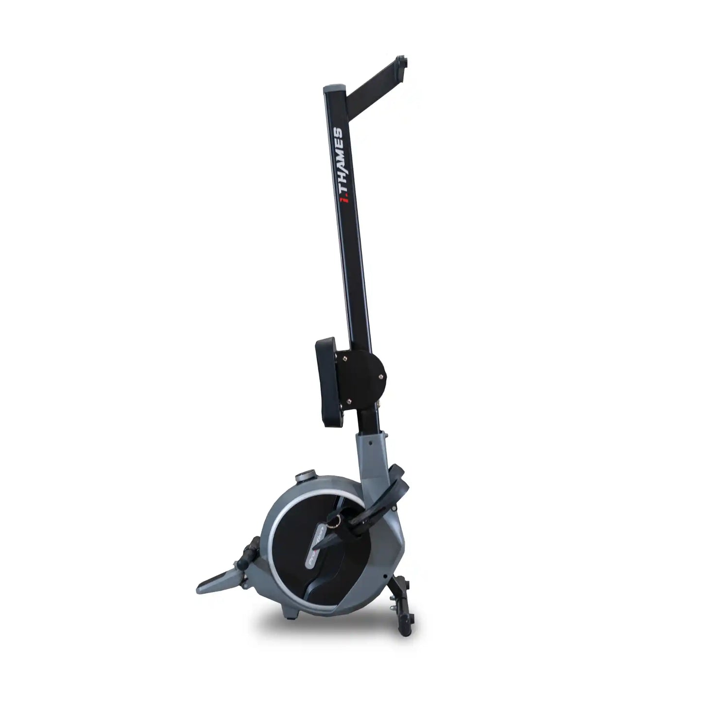 Black and grey rowing machine in an upright position on a white background