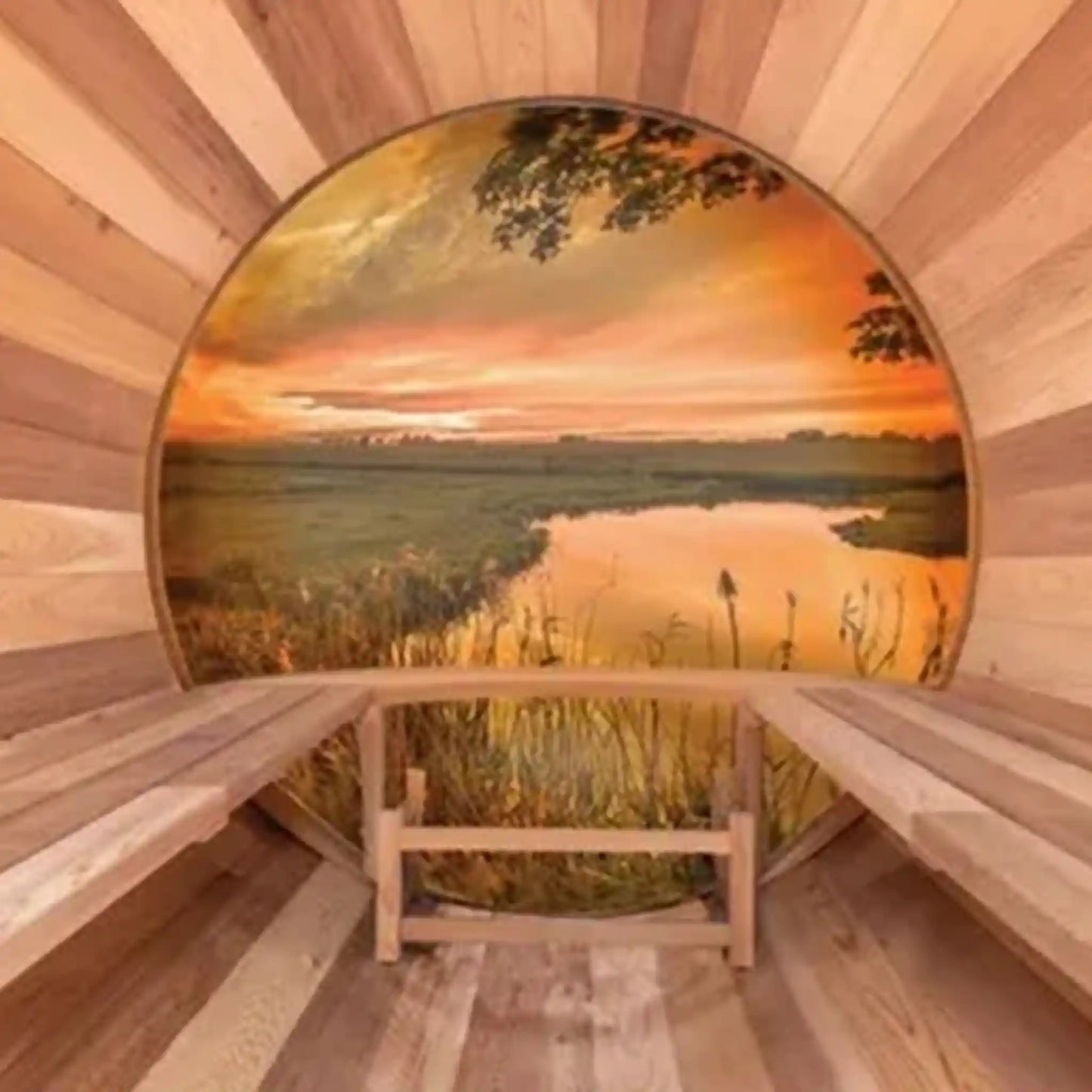 Wooden sauna with a circular window showing a sunset over water