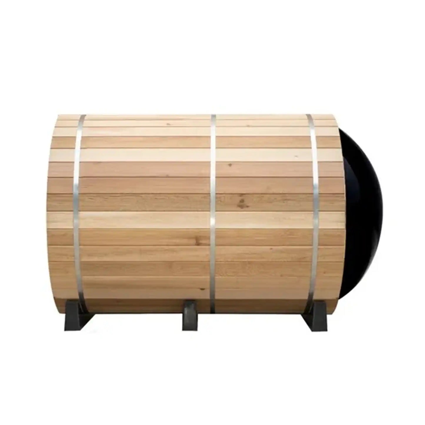 Wooden barrel sauna with metal bands on a white background