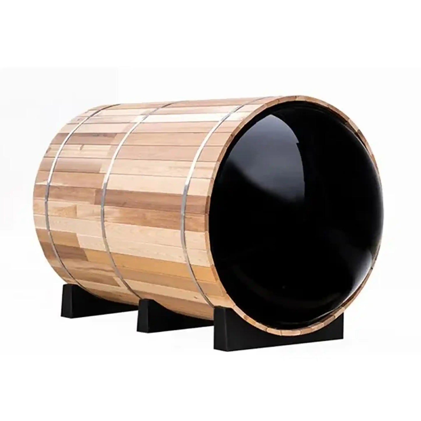 Wooden barrel-shaped sauna with a black window on a white background