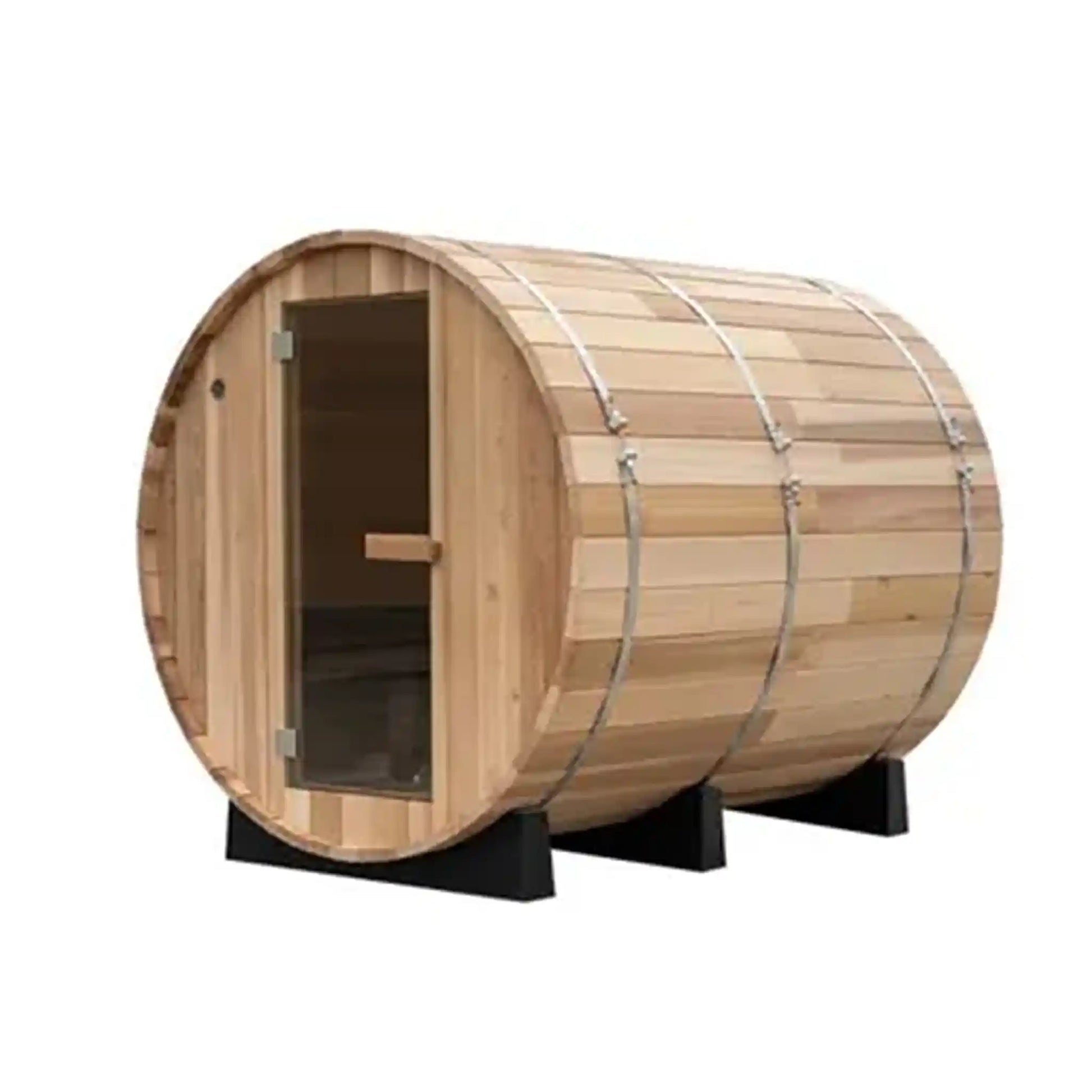 Wooden barrel-shaped sauna on a white background
