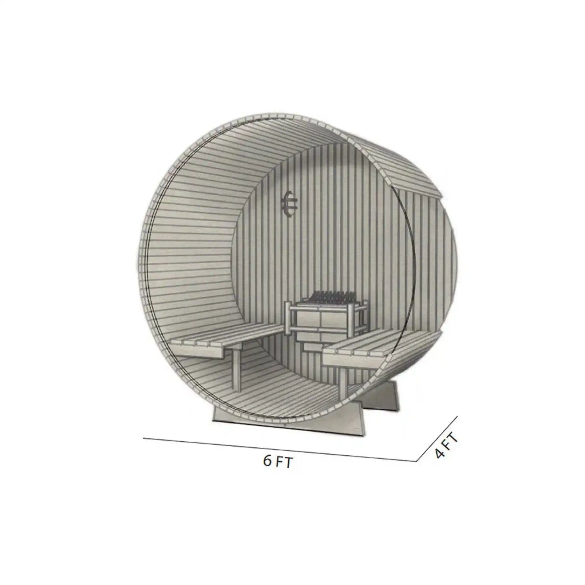 Diagram of barrel sauna showing external dimensions in feet.