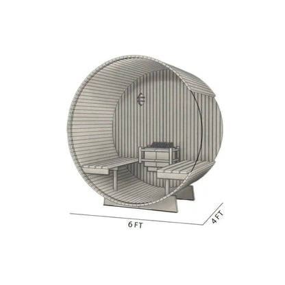Diagram of barrel sauna showing external dimensions in feet.