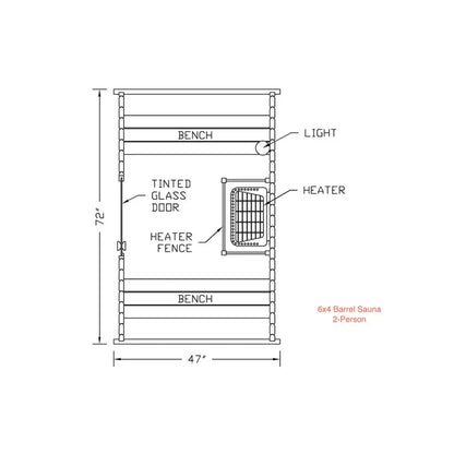 Diagram of internal layout of sauna from aerial view showing external dimensions in inches. 