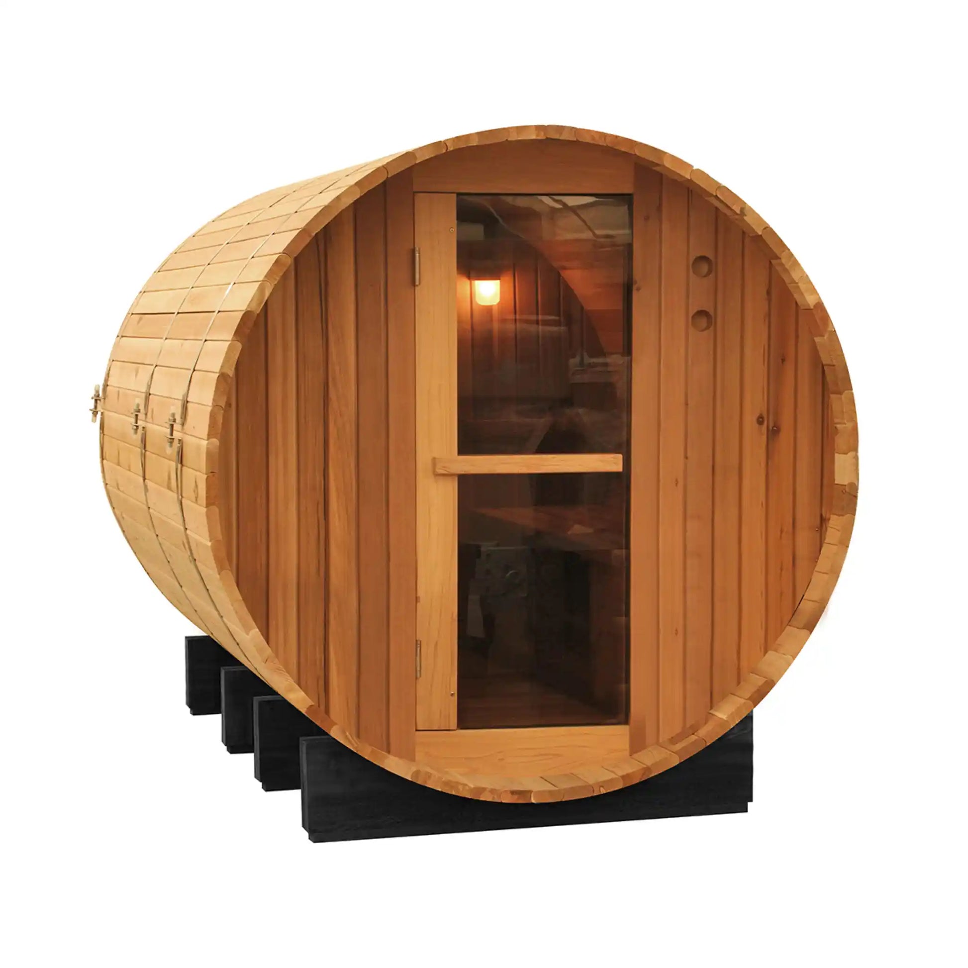 Wooden barrel-shaped sauna with glass door on a white background