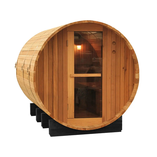 Wooden barrel-shaped sauna with glass door on a white background
